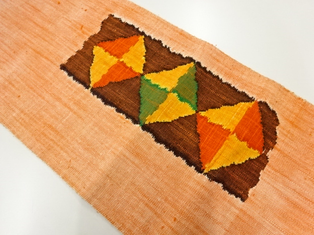 アンティーク　手織り真綿紬短冊に菱模様織出し名古屋帯